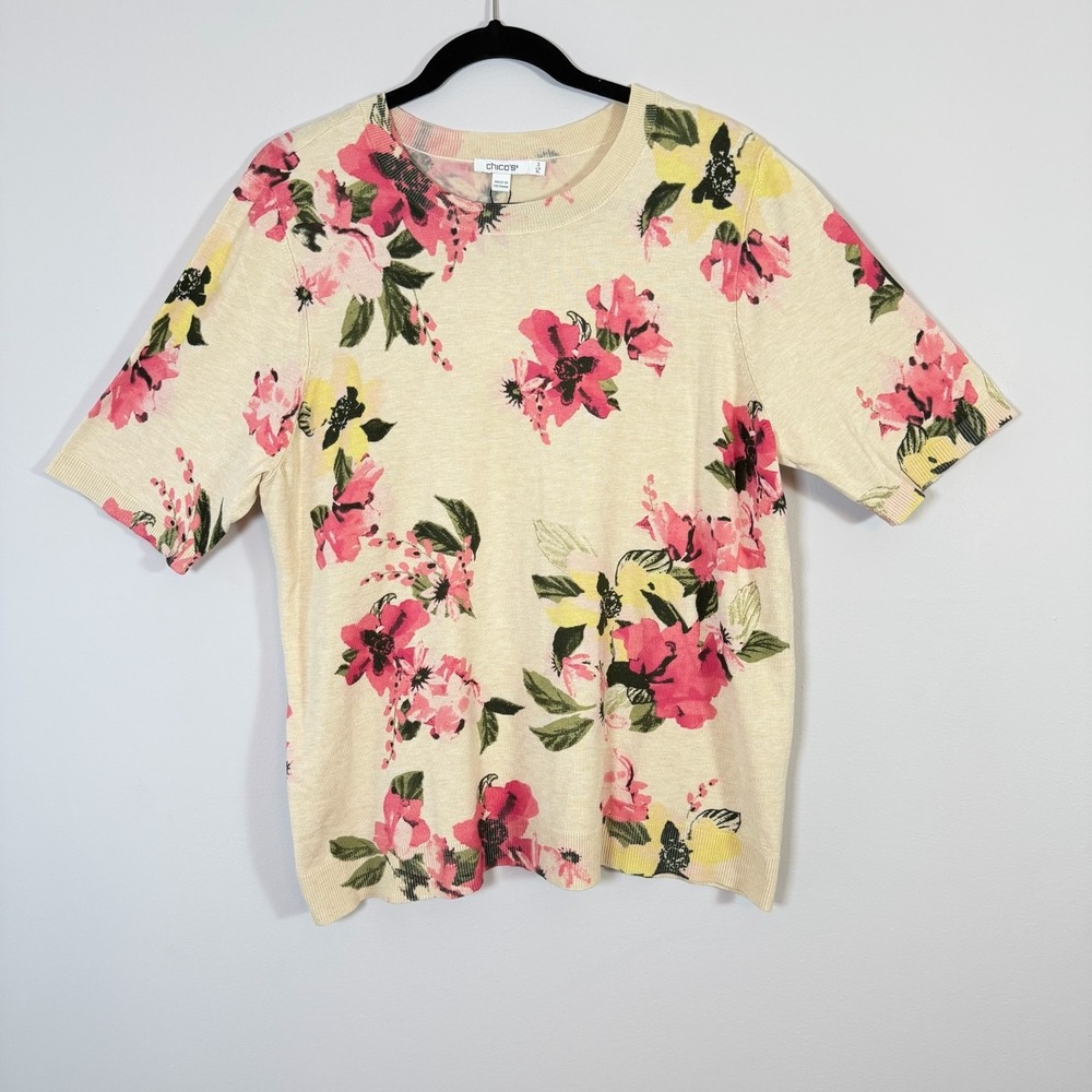 Chico's Floral Knit Top Cream Pink Short Sleeve Lightweight Summer Sweater 3/XL